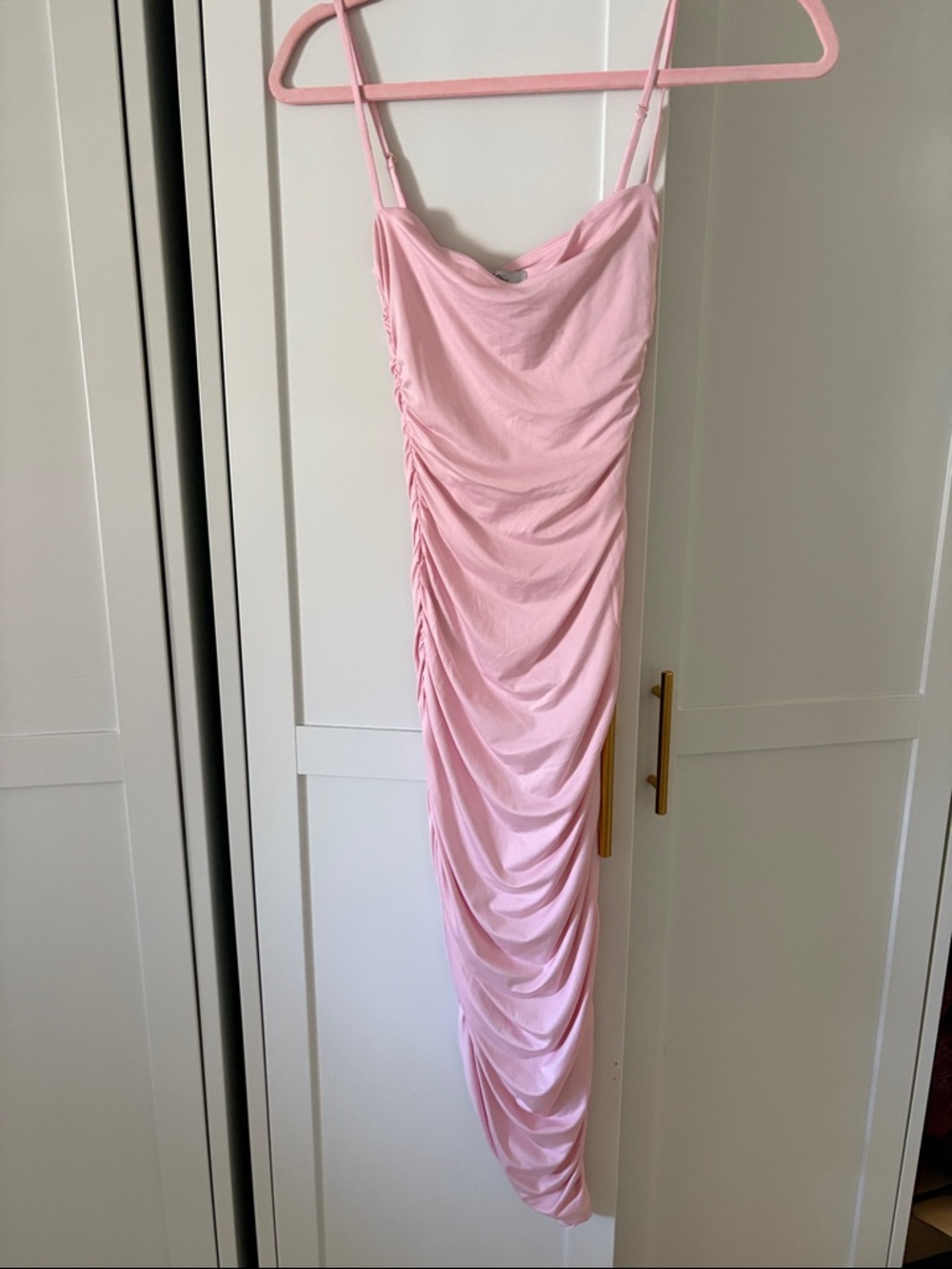 Oh Polly Light Pink Ruched Cowl Neck Maxi Dress